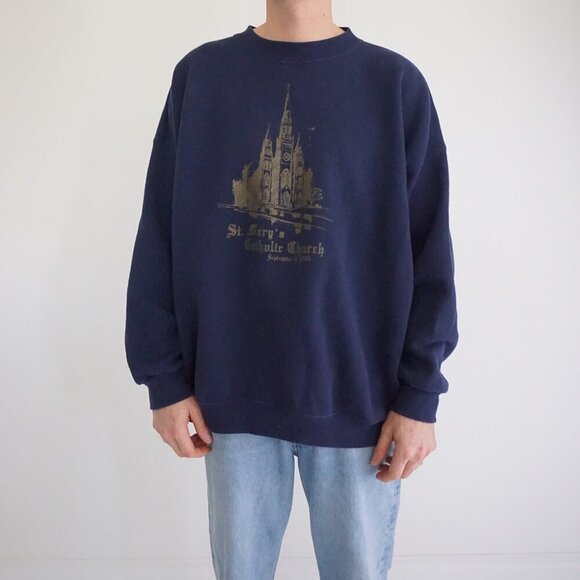 '93 Lee Heavyweight Navy Gold St Mary's Catholic Church Crewneck Sweater 3X - Picture 1 of 10